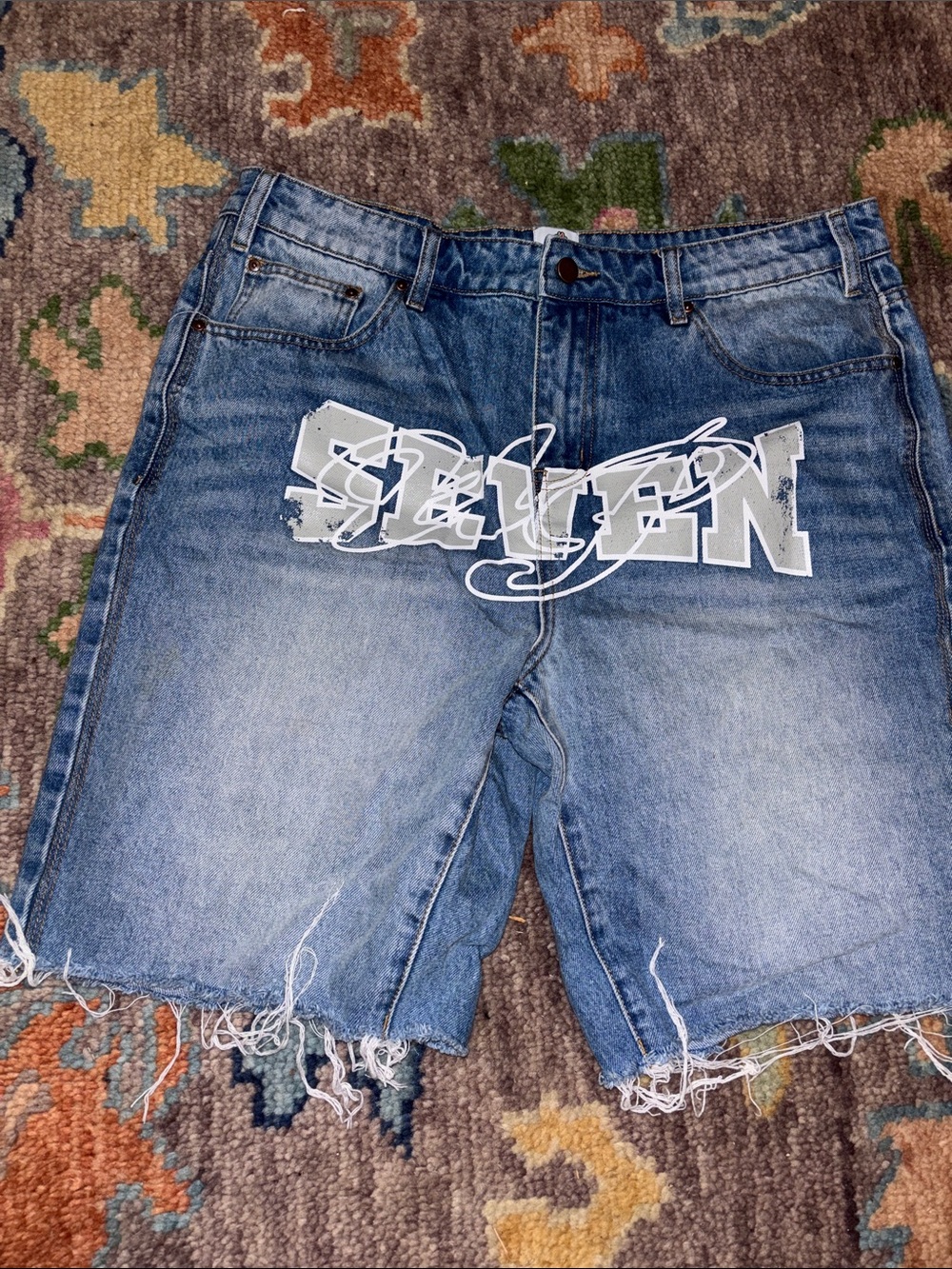 Up | Blue Denim Men’s Cutoff Shorts with White Graphic